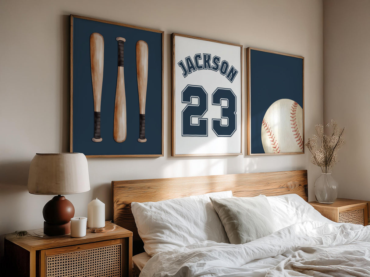 Baseball print set for boys room with custom name and jersey number