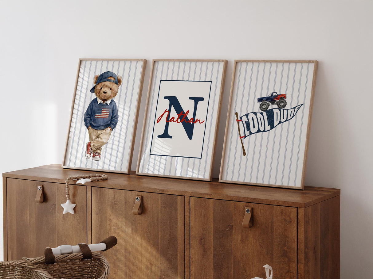 Americana Teddy Bear & Monster Truck Prints – Custom Name, Set of 3