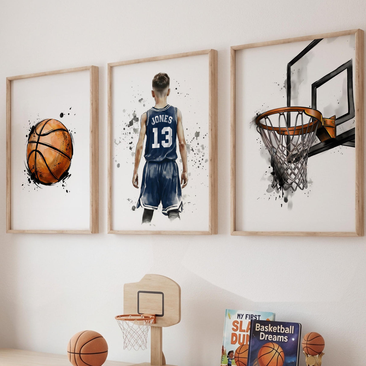 Set of 3 basketball prints: jersey with name and number, basketball, hoop