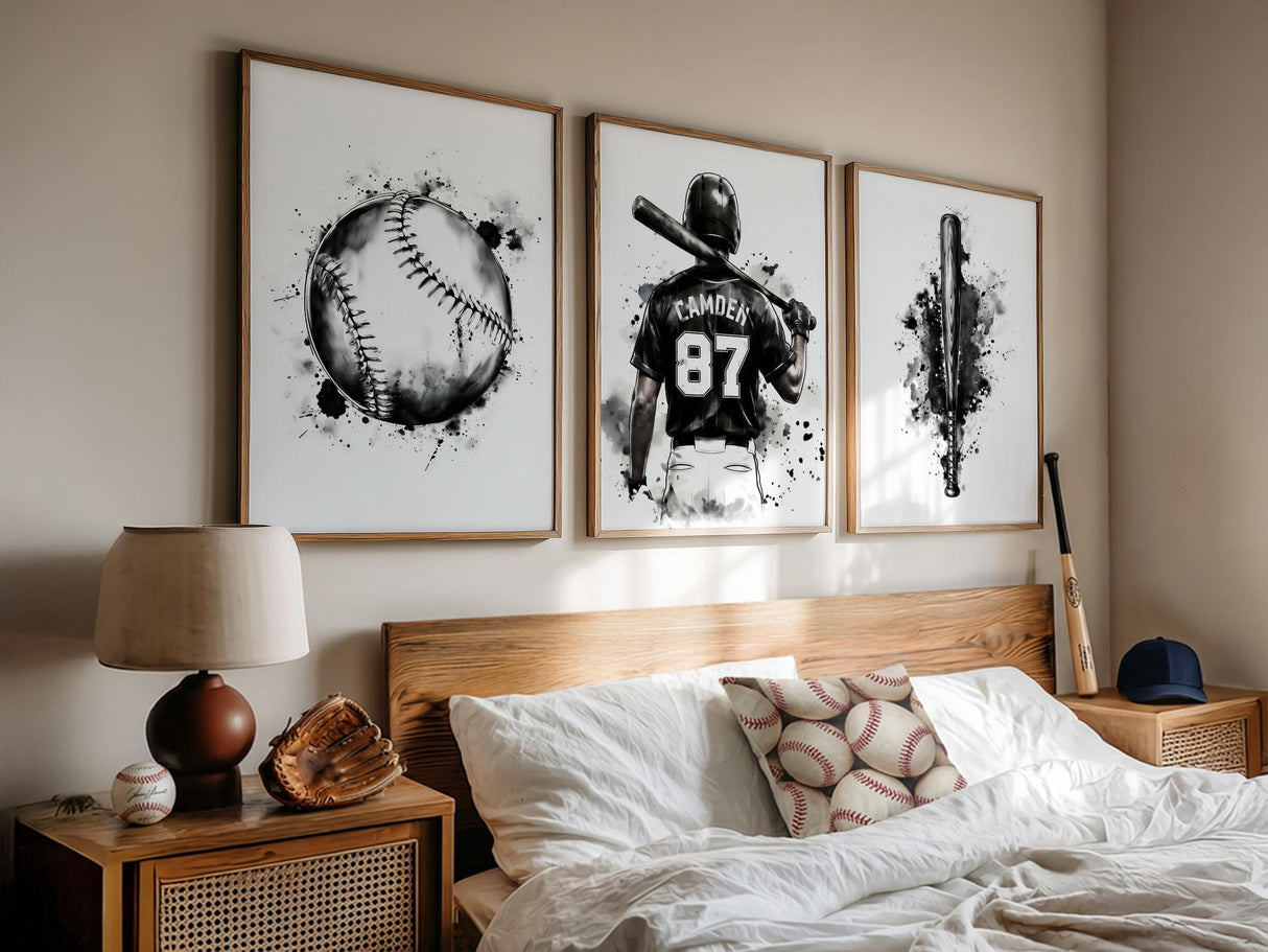 Watercolor baseball player print set with custom name and number