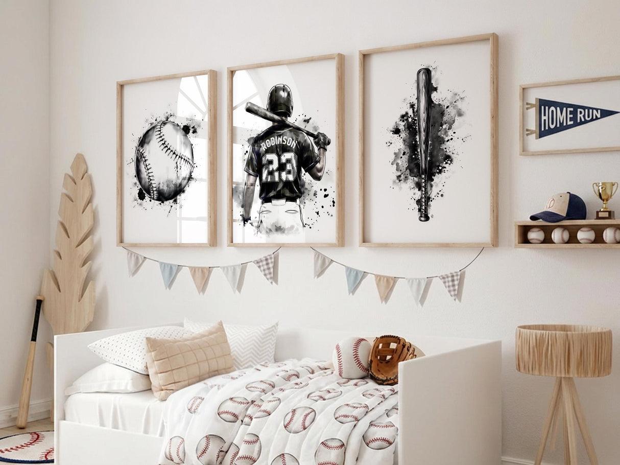 Black and white baseball prints: ball, player and bat