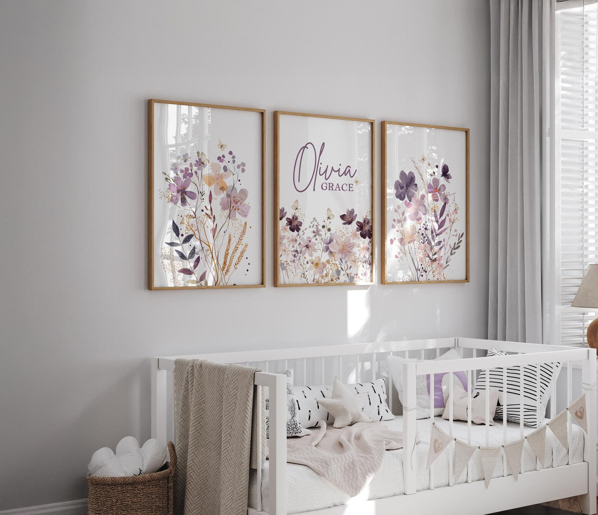 Purple Wildflower Nursery Prints – Custom Name, Set of 3