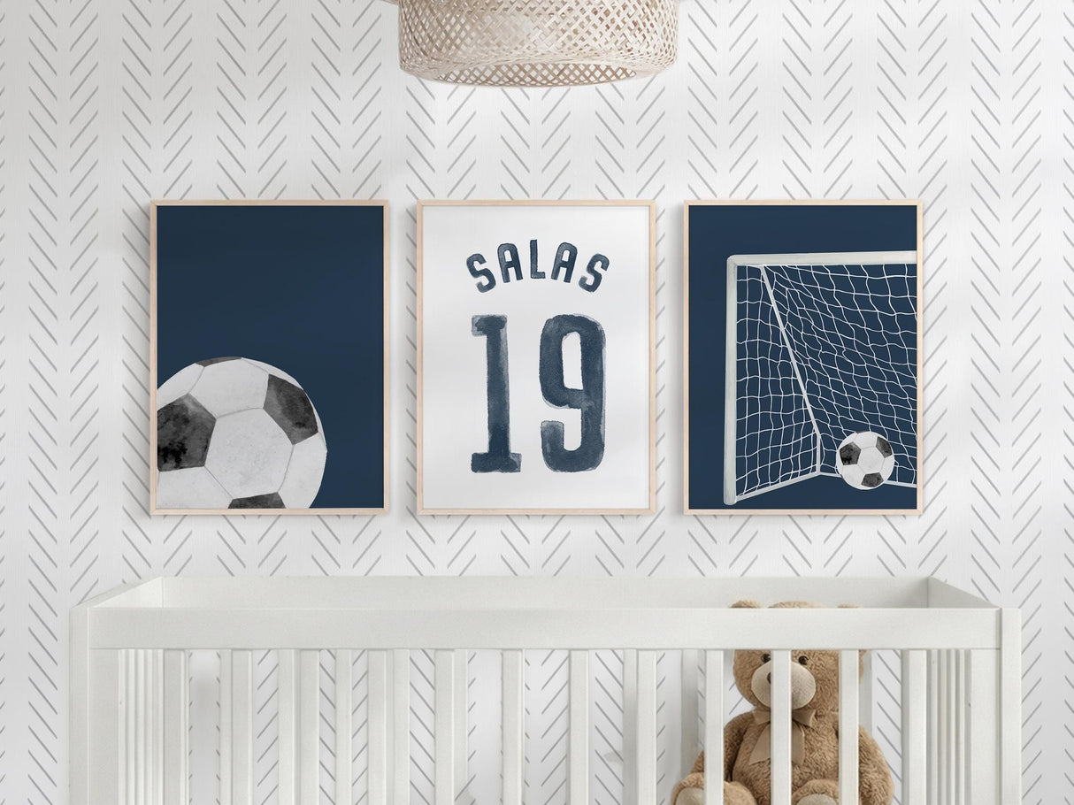 Soccer posters displayed in a boys bedroom