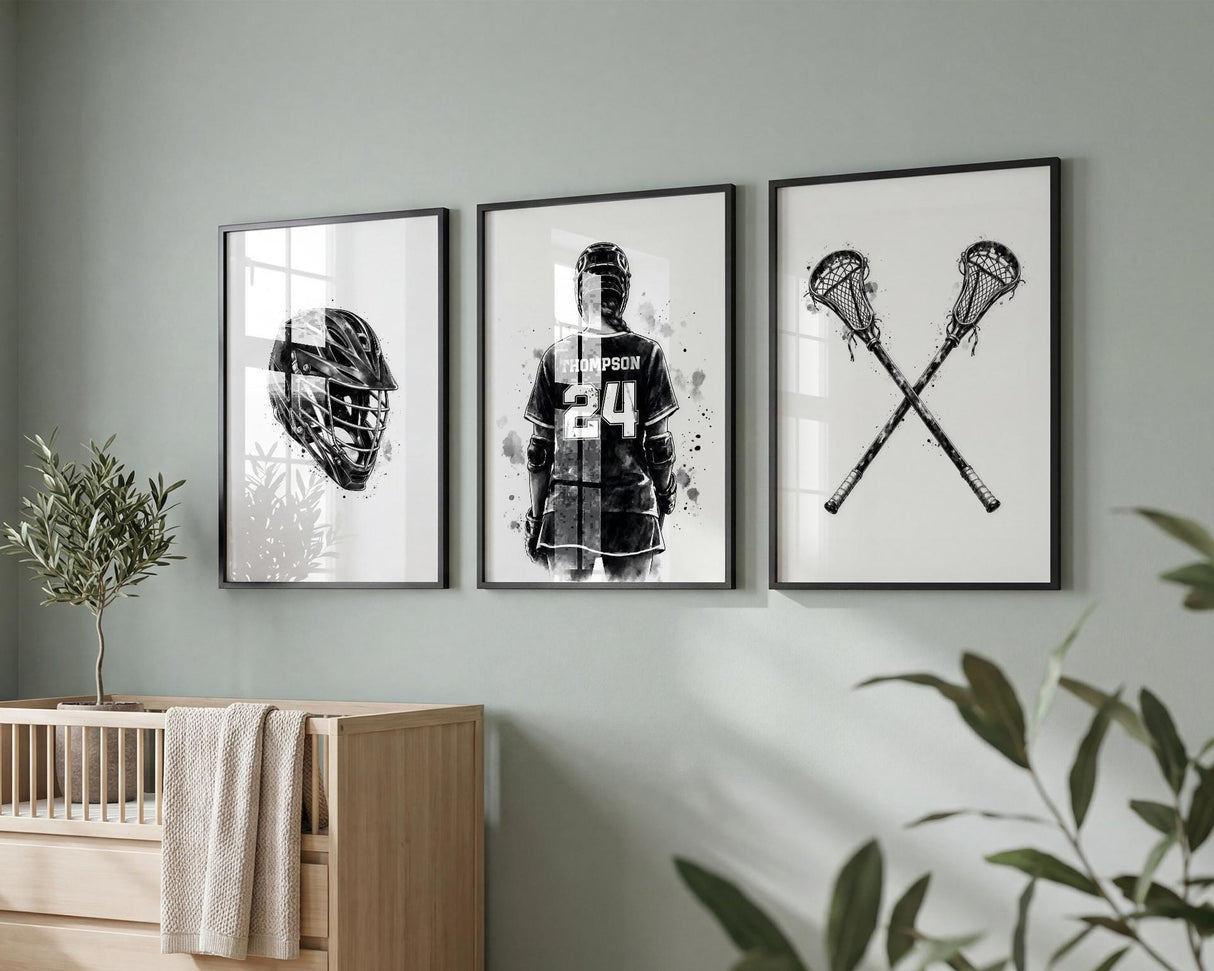 Black and white watercolor lacrosse player print with jersey name