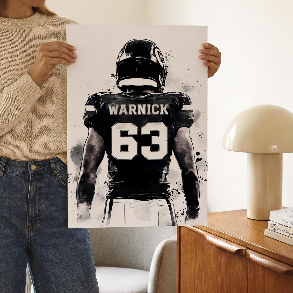 Football print set displayed in a boys bedroom