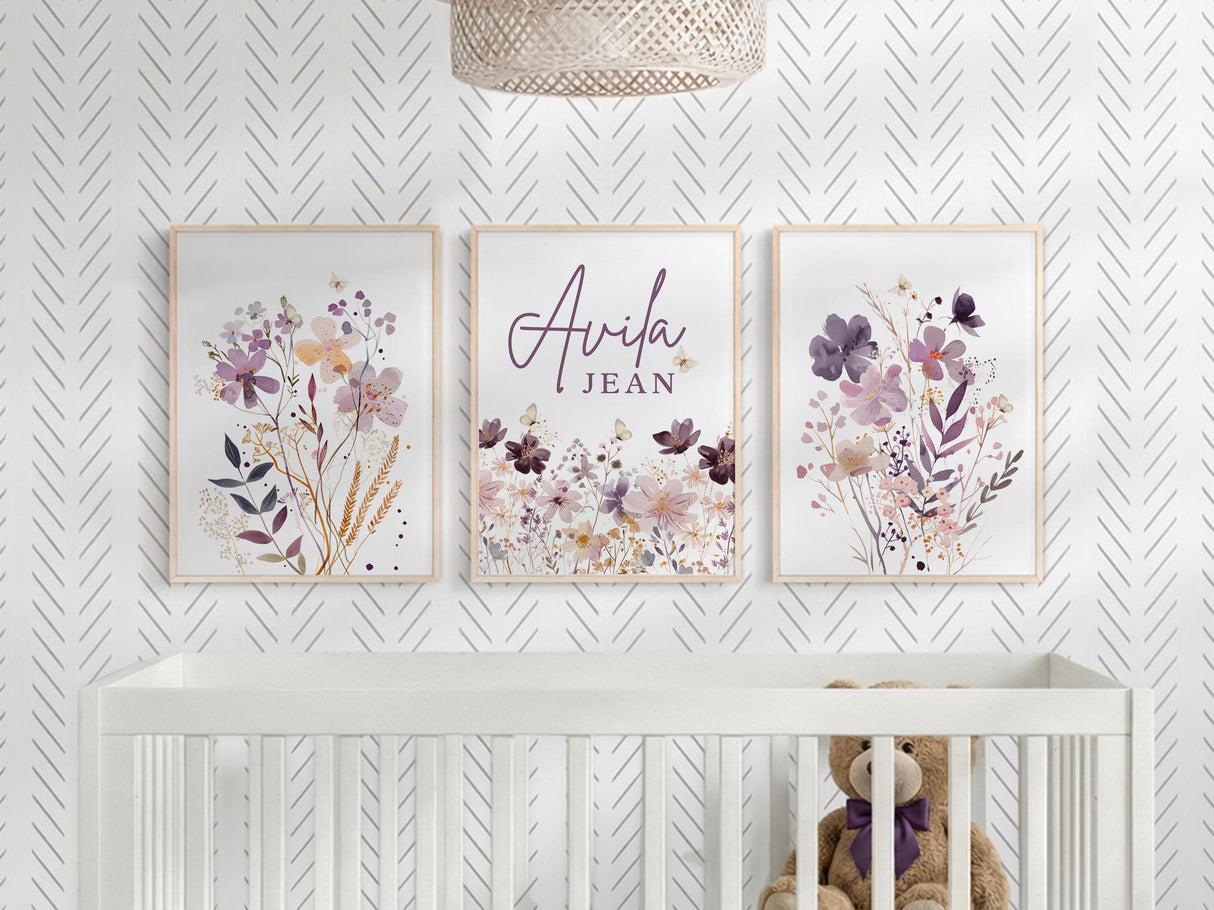 Purple Wildflower Nursery Prints – Custom Name, Set of 3 — view 7