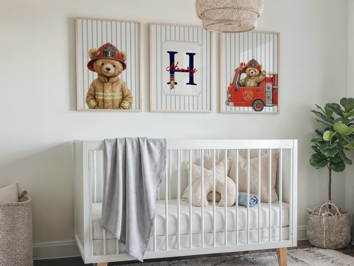 Personalized firefighter teddy bear nursery wall art set of 3