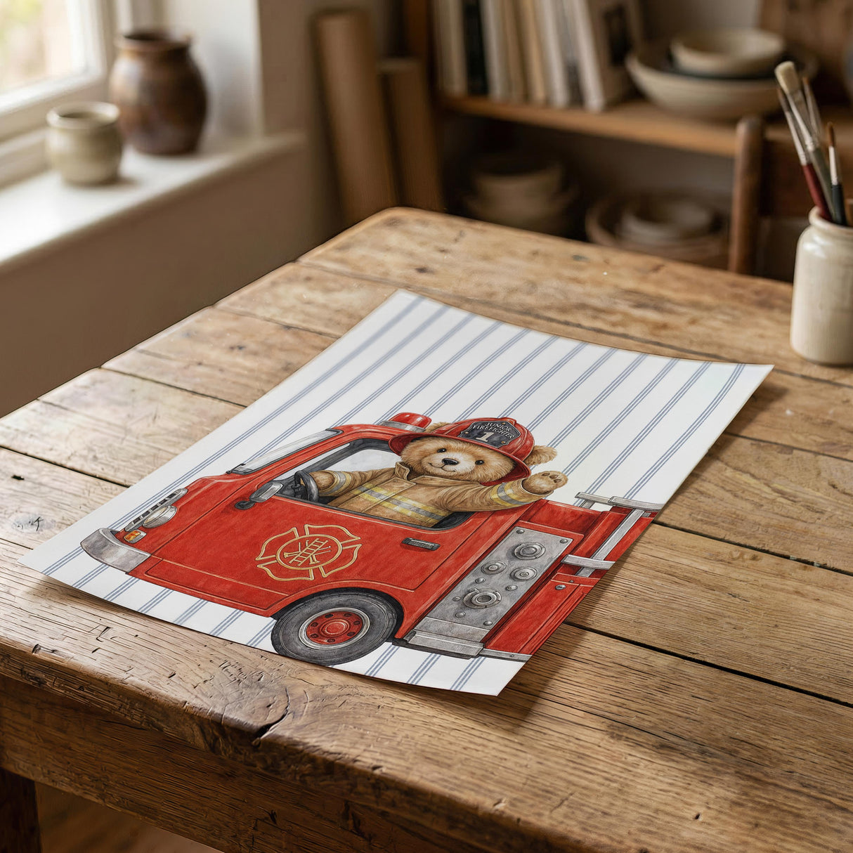 Personalized firefighter teddy bear nursery wall art set of 3