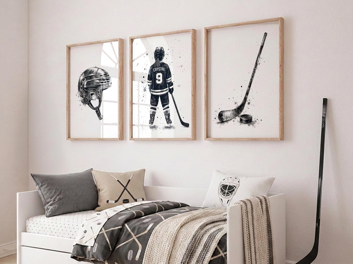 Girls Hockey Prints with Custom Name & Number – Set of 3