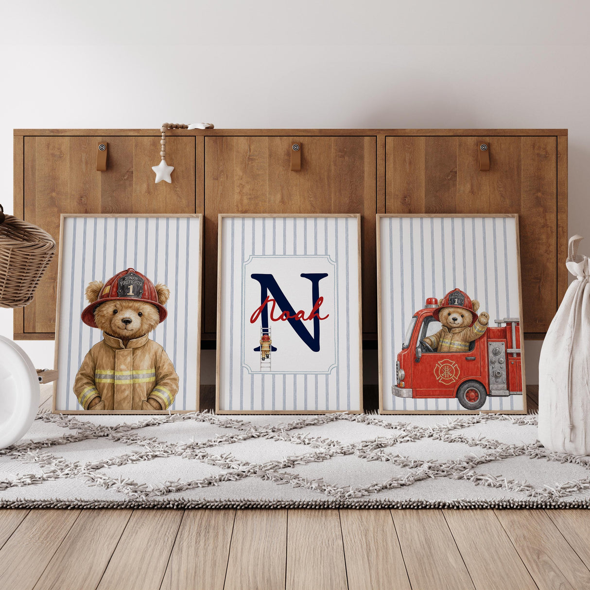 Firefighter teddy bear print set of 3 with personalized initial and name, fire truck and blue ticking stripes