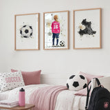 Soccer Girl Prints – Custom Name & Number, Watercolor Set of 3
