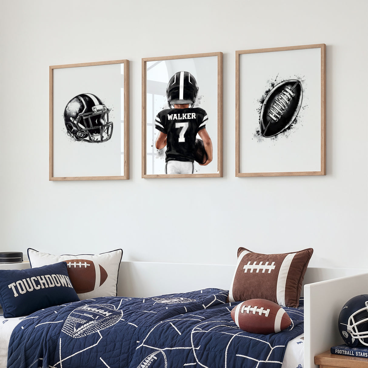 Football Prints for Kids' Rooms – Custom Name & Number, Set of 3