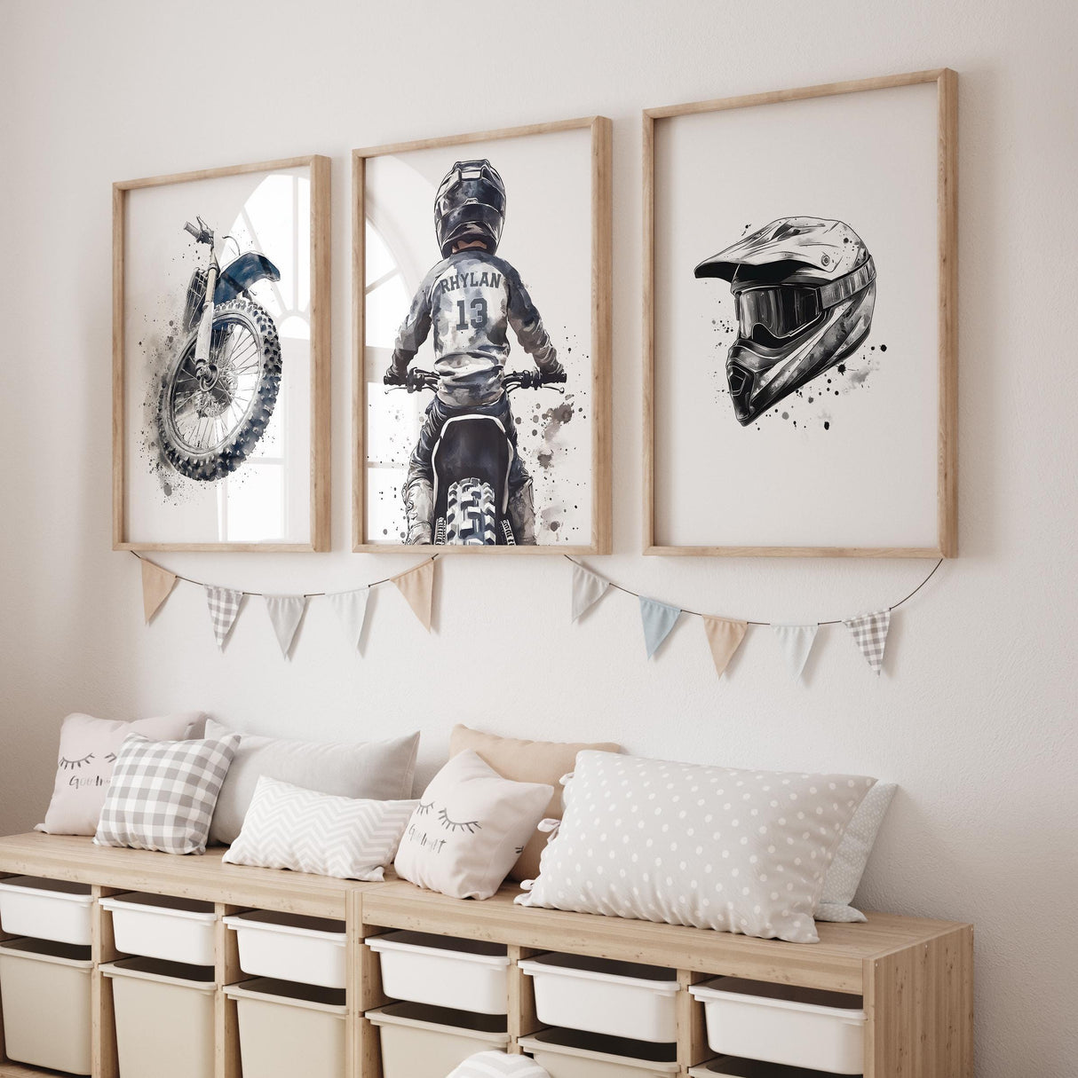 Dirt Bike Prints with Custom Name & Number – Watercolor Set of 3 — view 2
