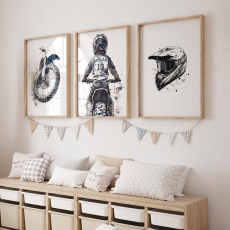 Dirt Bike Prints with Custom Name & Number – Watercolor Set of 3 — view 2