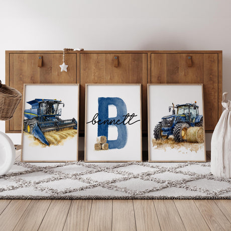 Farm nursery prints displayed above a crib