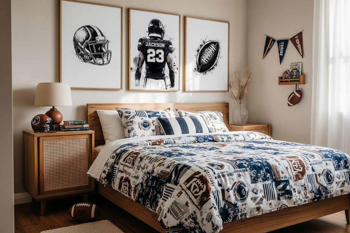 Football print set for kids rooms with custom name and number