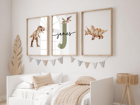 Dinosaur Nursery Prints – Custom Initial & Name, Set of 3