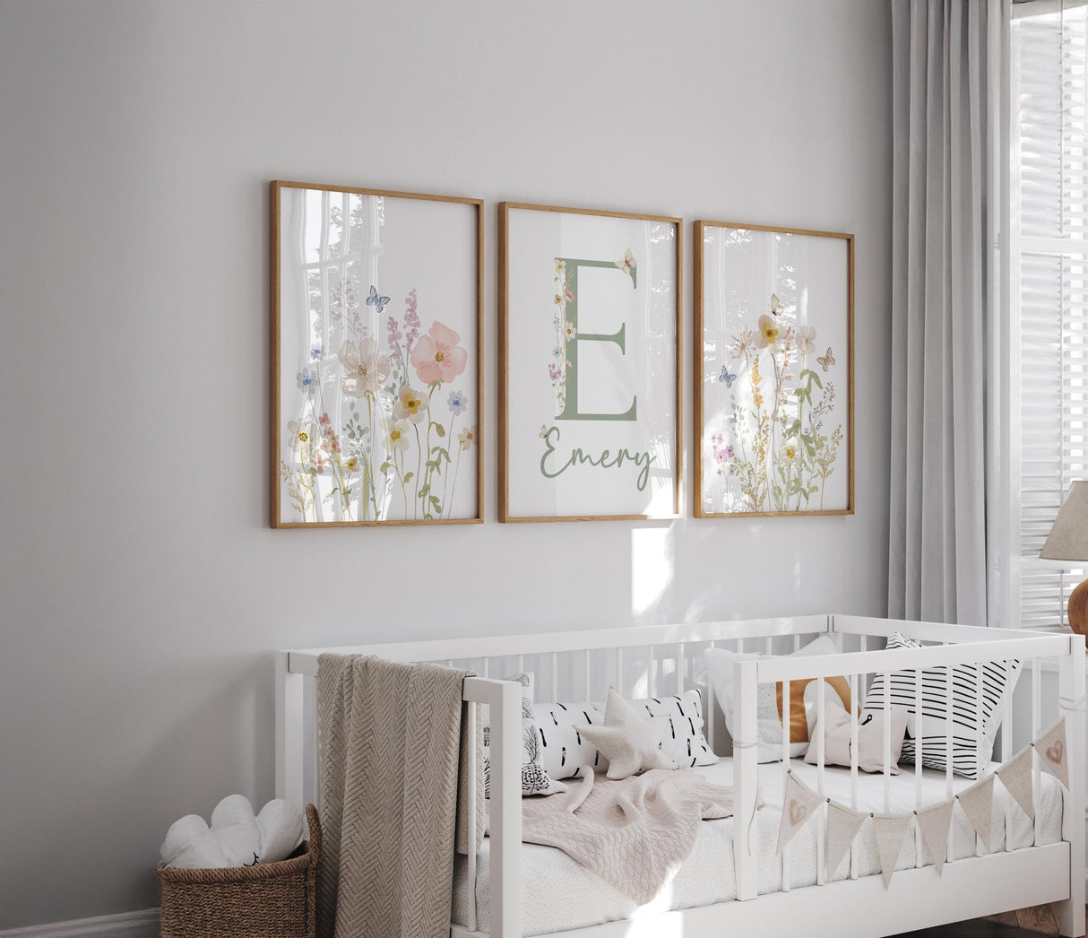 Set of 3 floral nursery prints with wildflowers and butterflies