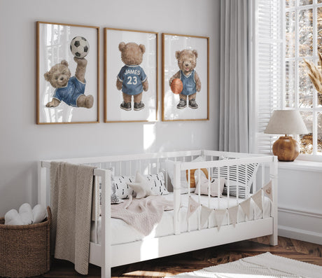 Sports bear prints displayed in baby boy nursery