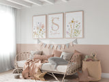 Wildflower nursery print set with personalized name and initial for baby girl
