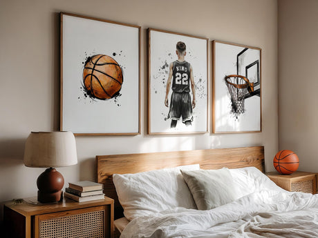 Watercolor basketball print set with custom name and number for kids rooms