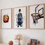 Set of 3 basketball prints: jersey with name and number, basketball, hoop