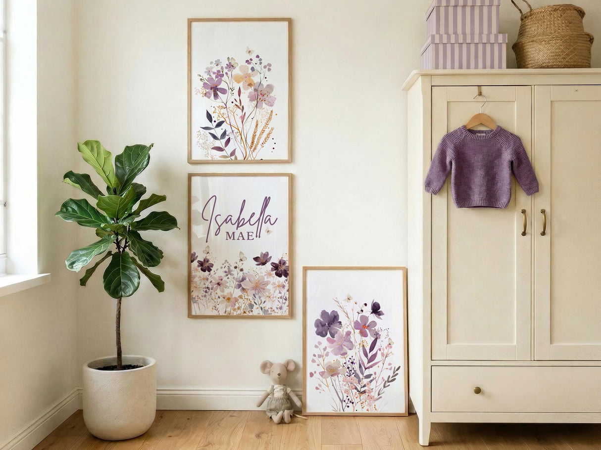Purple Wildflower Nursery Prints – Custom Name, Set of 3 — view 2