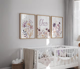 Purple Wildflower Nursery Prints – Custom Name, Set of 3