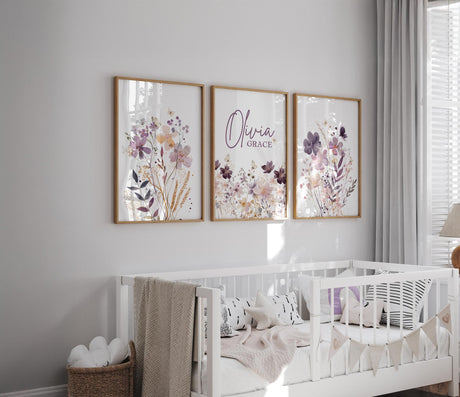 Purple Wildflower Nursery Prints – Custom Name, Set of 3