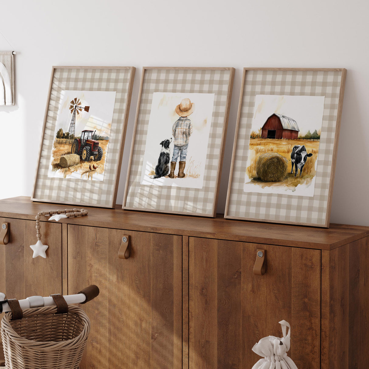 Farm Nursery Prints – Boy, Dog & Tractor, Custom Name Set of 3