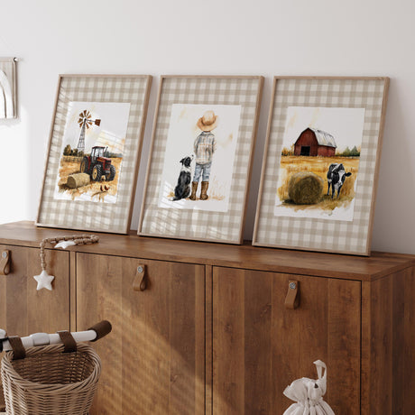 Farm Nursery Prints – Boy, Dog & Tractor, Custom Name Set of 3