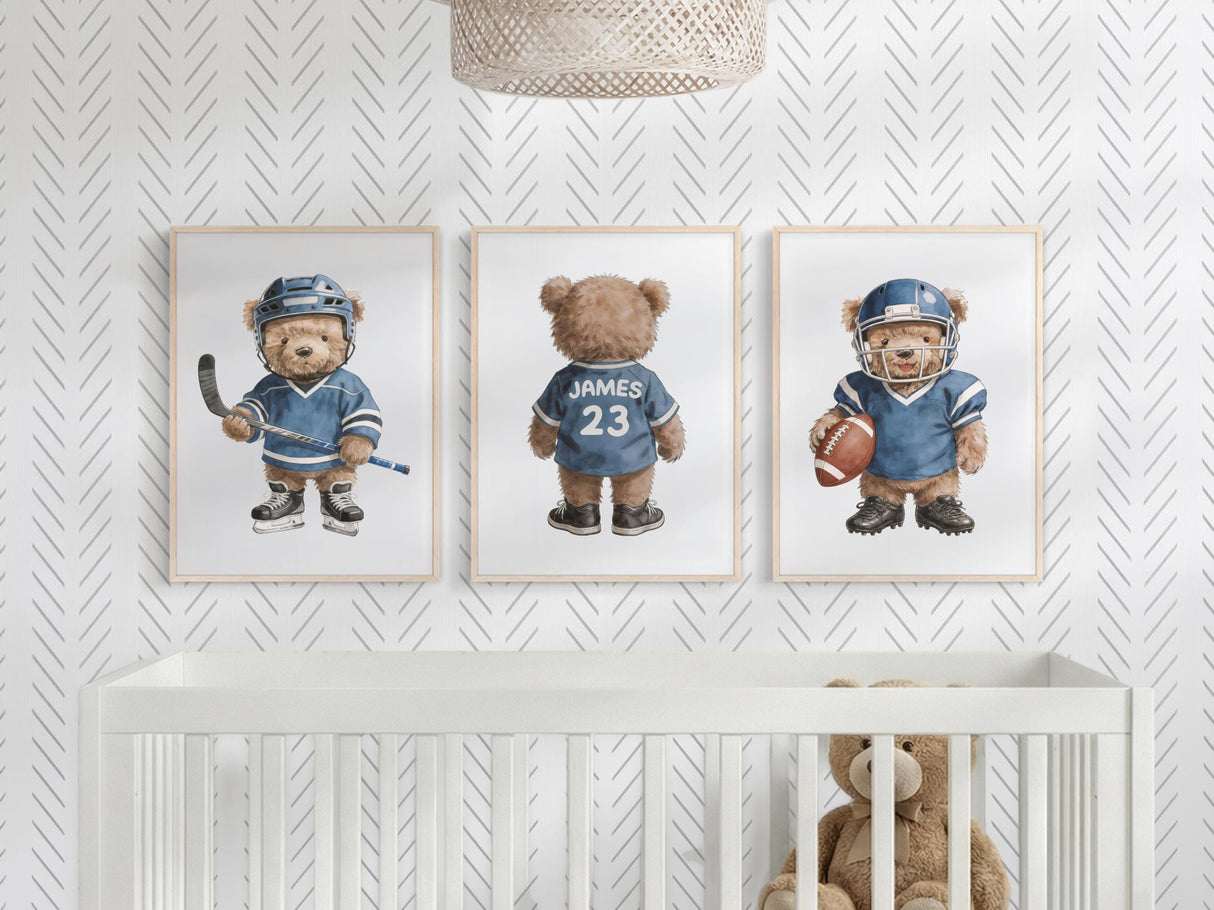 Sports bear nursery print set for baby boy, build your own set of 3 to 6