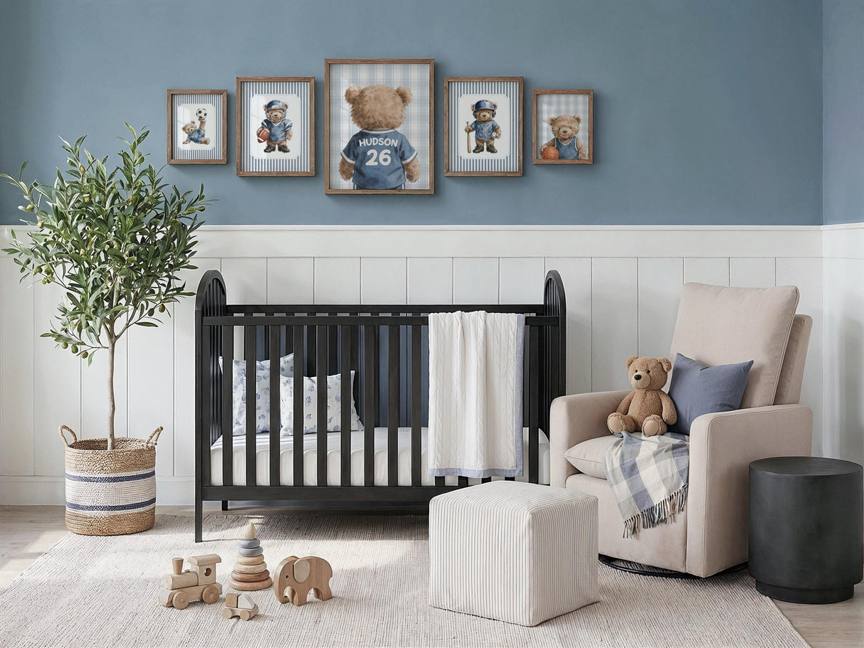 Teddy bear sports nursery gallery wall set of 5 prints with custom name