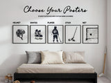 Watercolor hockey prints: helmet, skates, player, stick and net designs