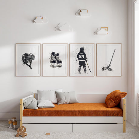 Hockey wall art set displayed in a boys bedroom