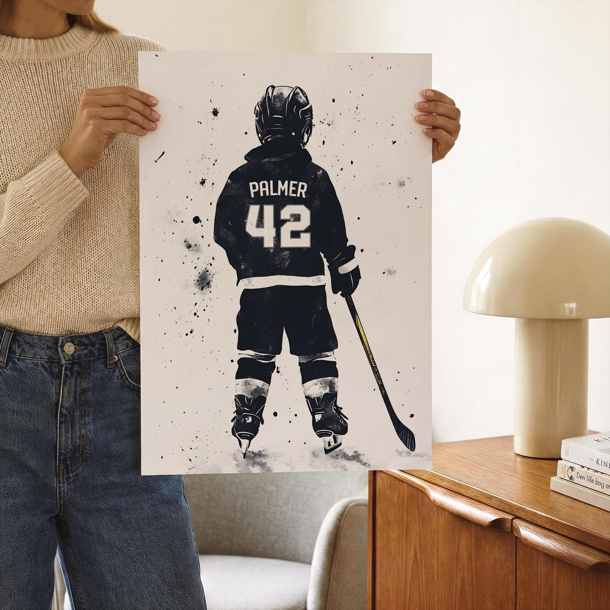 Hockey net and stick prints for kids room