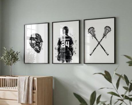Black and white watercolor lacrosse player print with jersey name