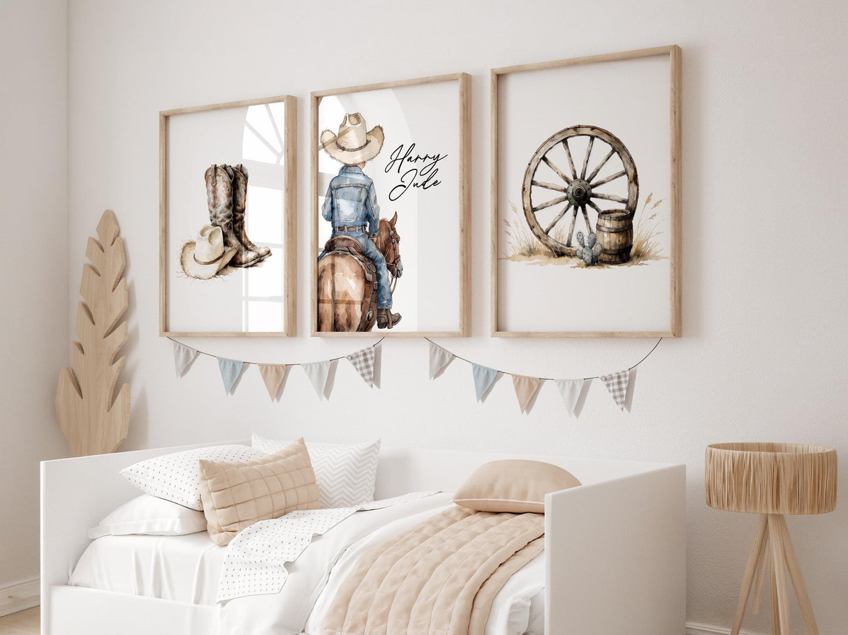 Cowboy Nursery Prints with Custom Name – Watercolor Set of 3 — view 2