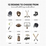 Sports nursery prints displayed in a neutral room