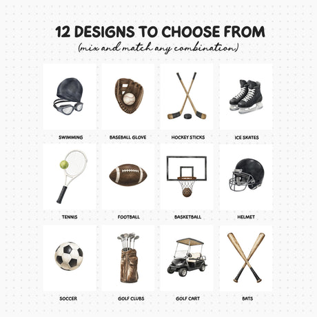 Sports nursery prints displayed in a neutral room