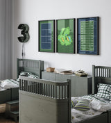 Sports field posters displayed in a game room