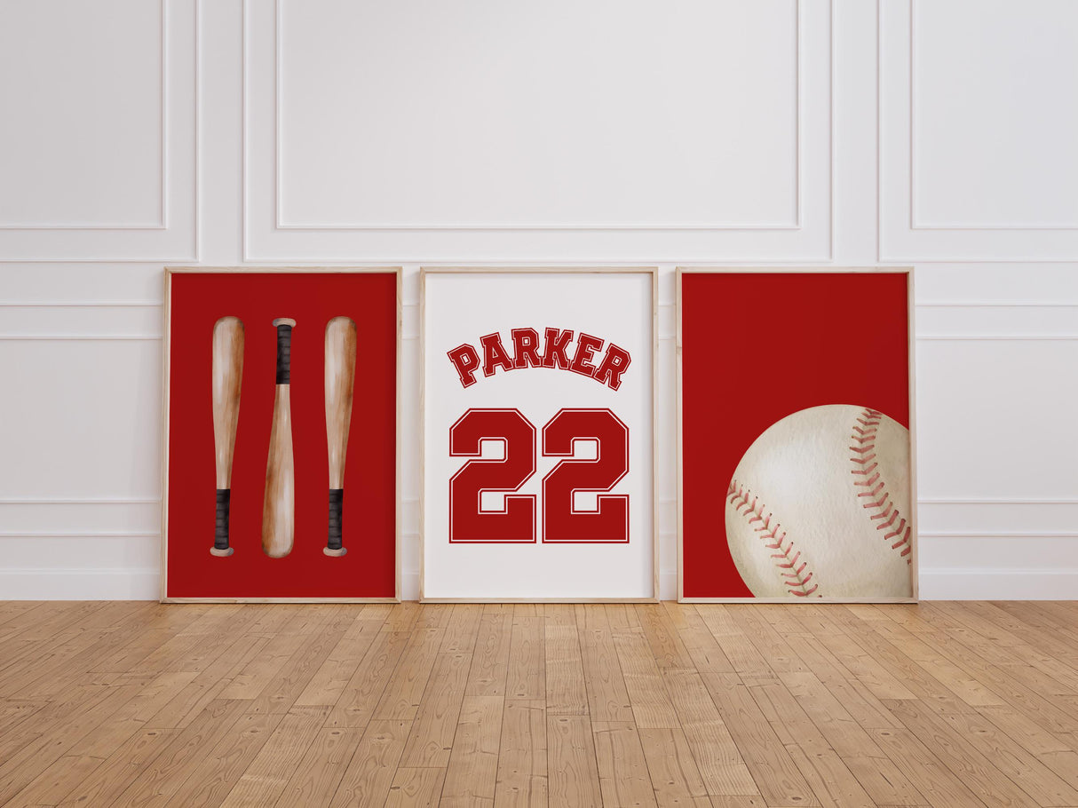 Set of 3 baseball nursery prints with personalized name