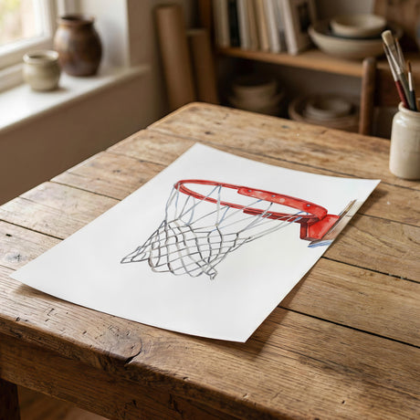Basketball prints displayed in a boys bedroom