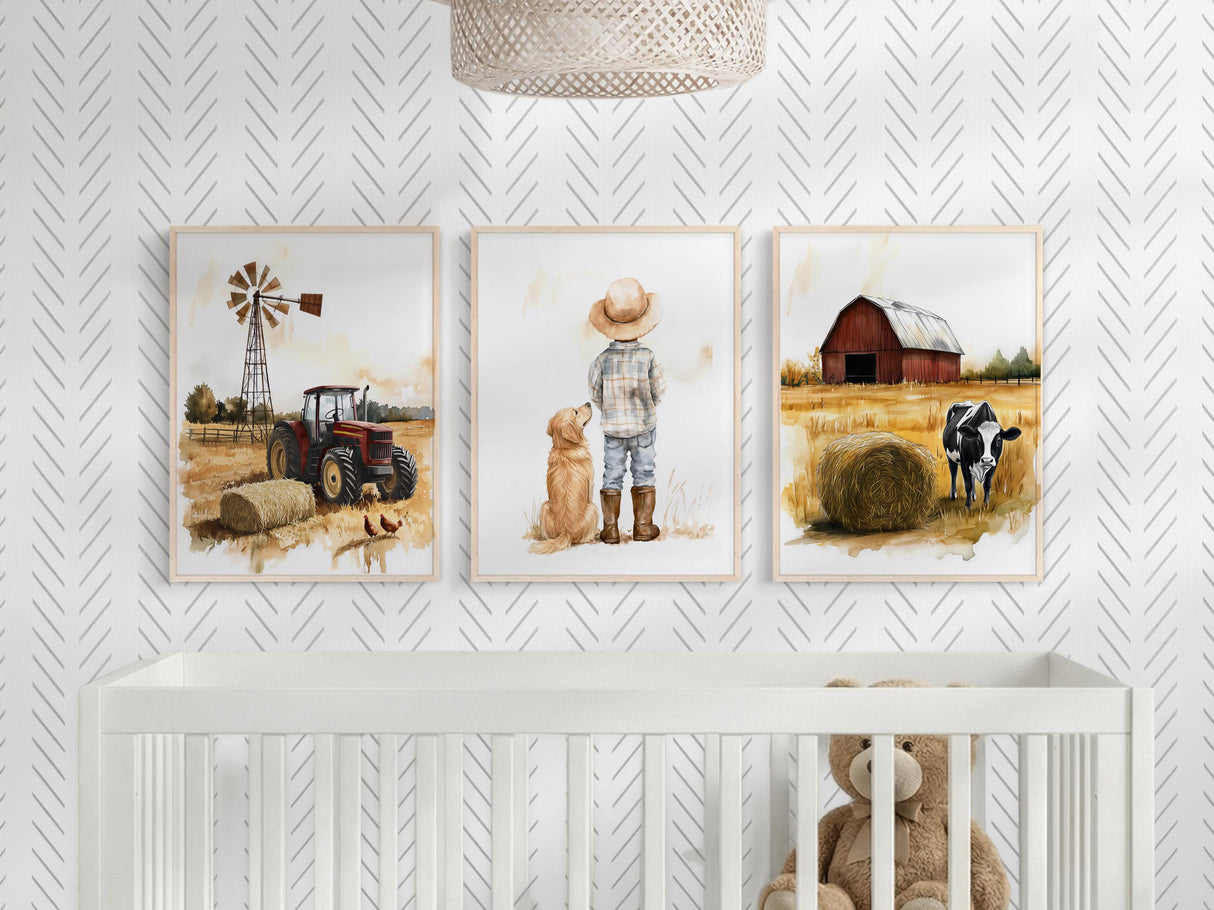Farm Nursery Prints – Boy, Dog & Tractor, Custom Name Set of 3 — view 9