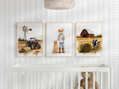 Farm Nursery Prints – Boy, Dog & Tractor, Custom Name Set of 3 — view 9