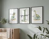 Watercolor dinosaur print set of 3 with T-Rex, personalized name print and Brachiosaurus in a nursery