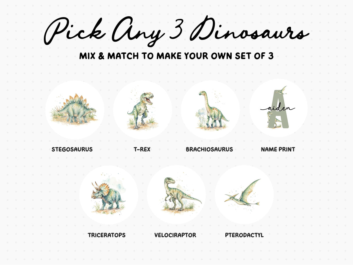 Personalized dinosaur wall art set of 3 for a kids room