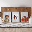 Firefighter teddy bear print set of 3 with personalized initial and name, fire truck and blue ticking stripes