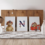 Firefighter teddy bear print set of 3 with personalized initial and name, fire truck and blue ticking stripes