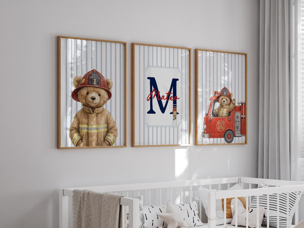 Personalized firefighter teddy bear nursery wall art set of 3